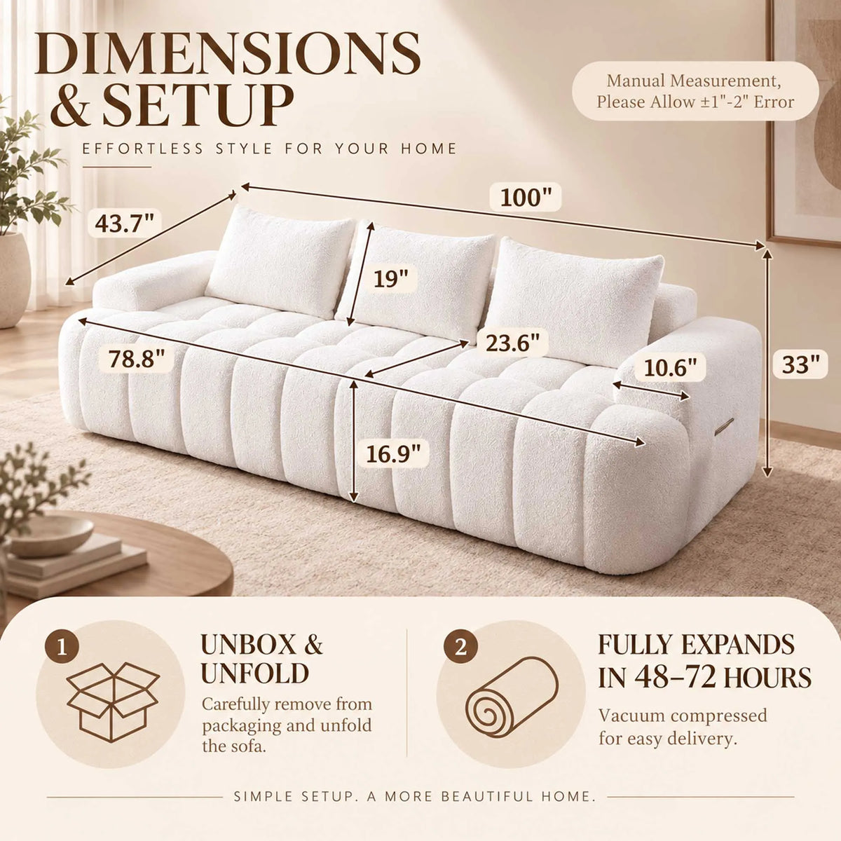 Curved Boucle Sofa Three Seat Cloud Couch With Resilient Foam
