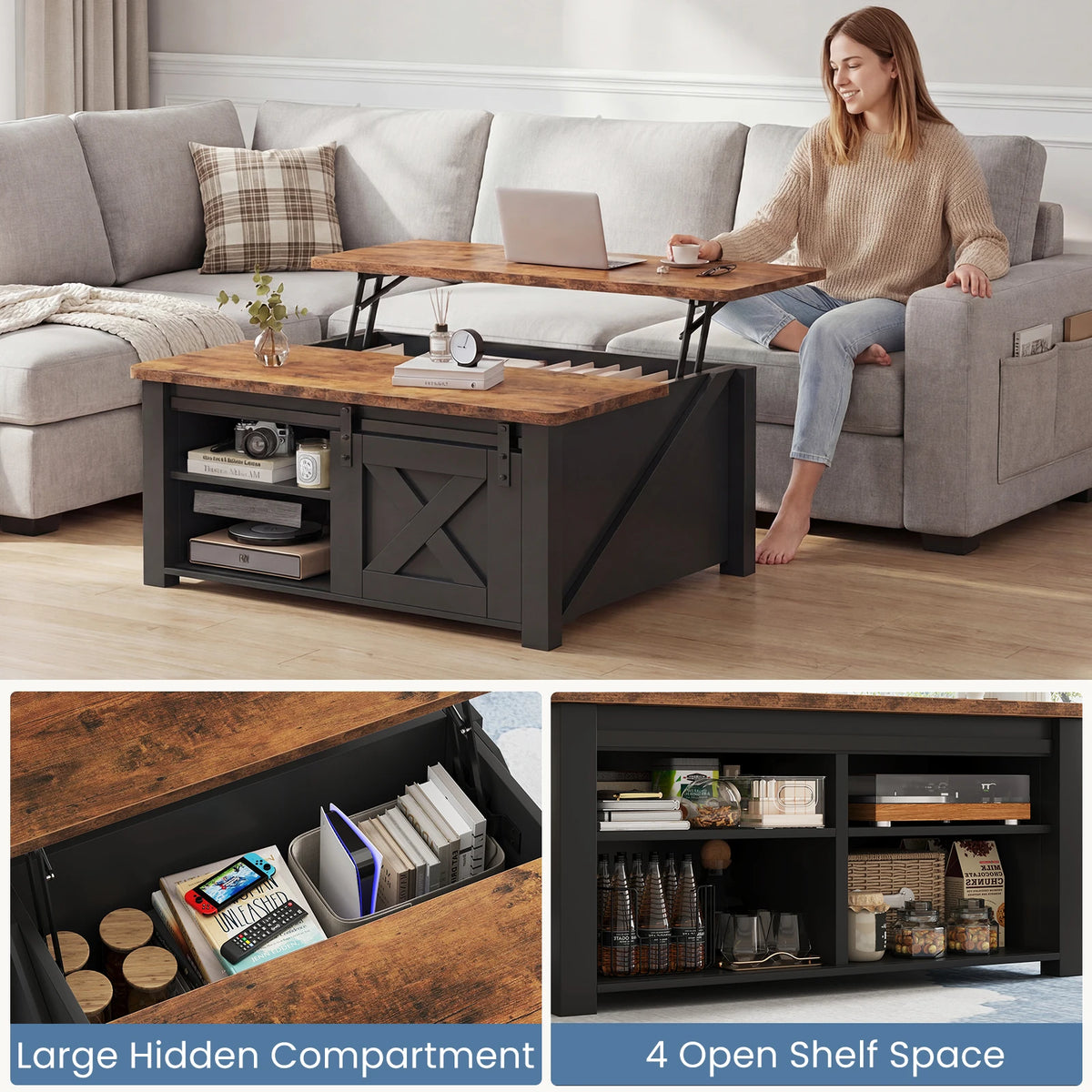 Mcq Wood Lift Top Square Coffee Table With Adjustable Storage