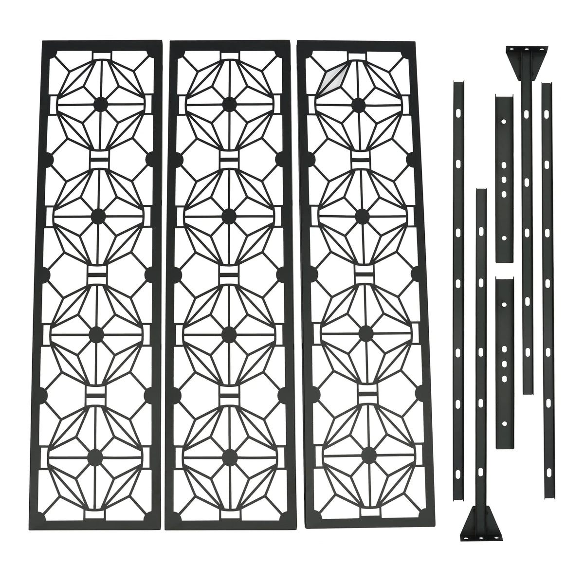 Outdoor Privacy Screen 113x181cm, Freestanding Metal Fence Panel with Flower Hollow Design, Decorative Room Divider for Patio Balcony Garden Deck, Black