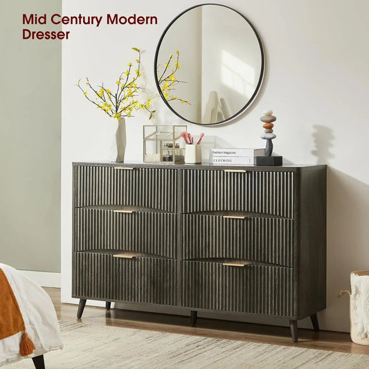 Grey Fluted 6 Drawer Mid Century Dresser