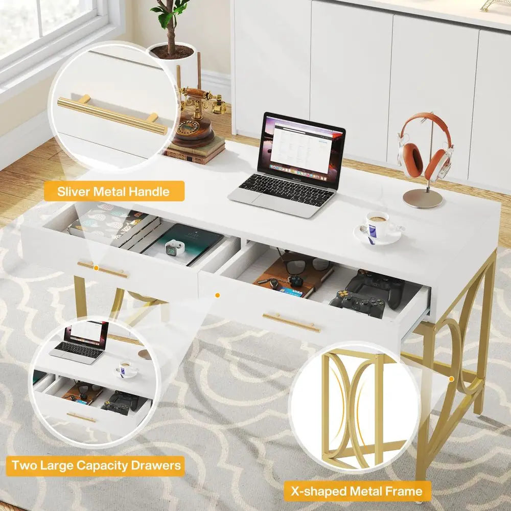 Modern Computer Desk with 2 Drawers Set of 2, 41 Inches Study Writing Office Desk for Home Office, Bedroom, Makeup Vanity Table