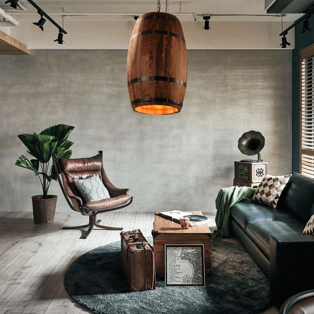 Retro Wood Wine Barrel Pendant Light For Dining Room