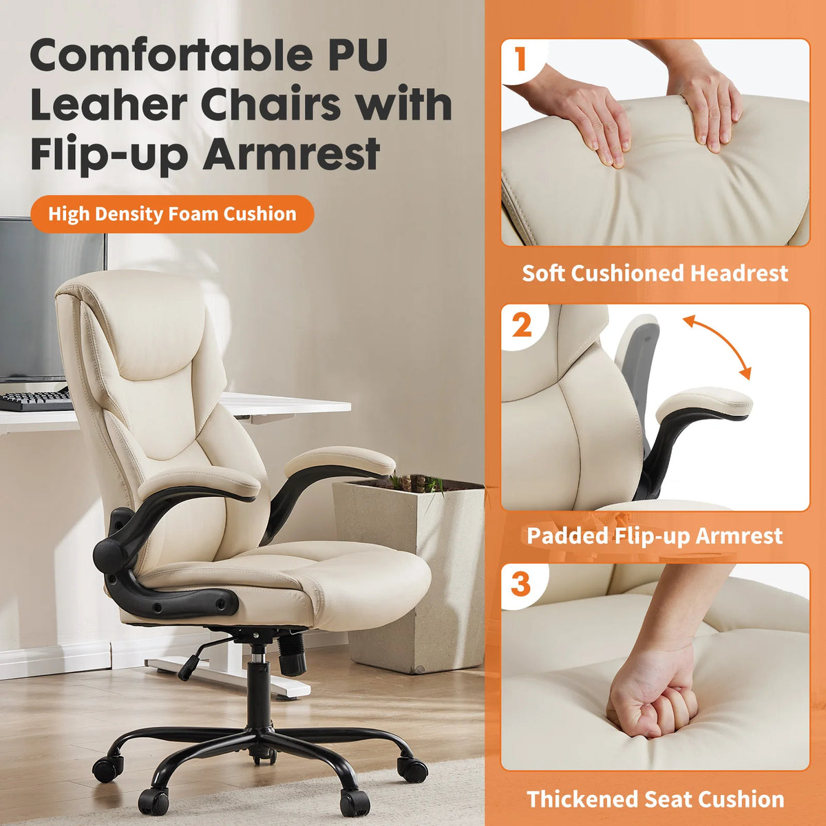 JHK Ergonomic Office Chair Heavy Duty Task Desk Chair with Flip-up Arms PU Leather Adjustable Swivel Rolling Gaming Chair