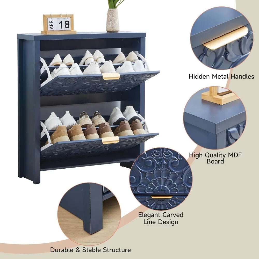 Narrow Flip Drawer Shoe Cabinet for Entryway Storage, Slim 2-Tier Shoe Organizer for Hallway Foyer