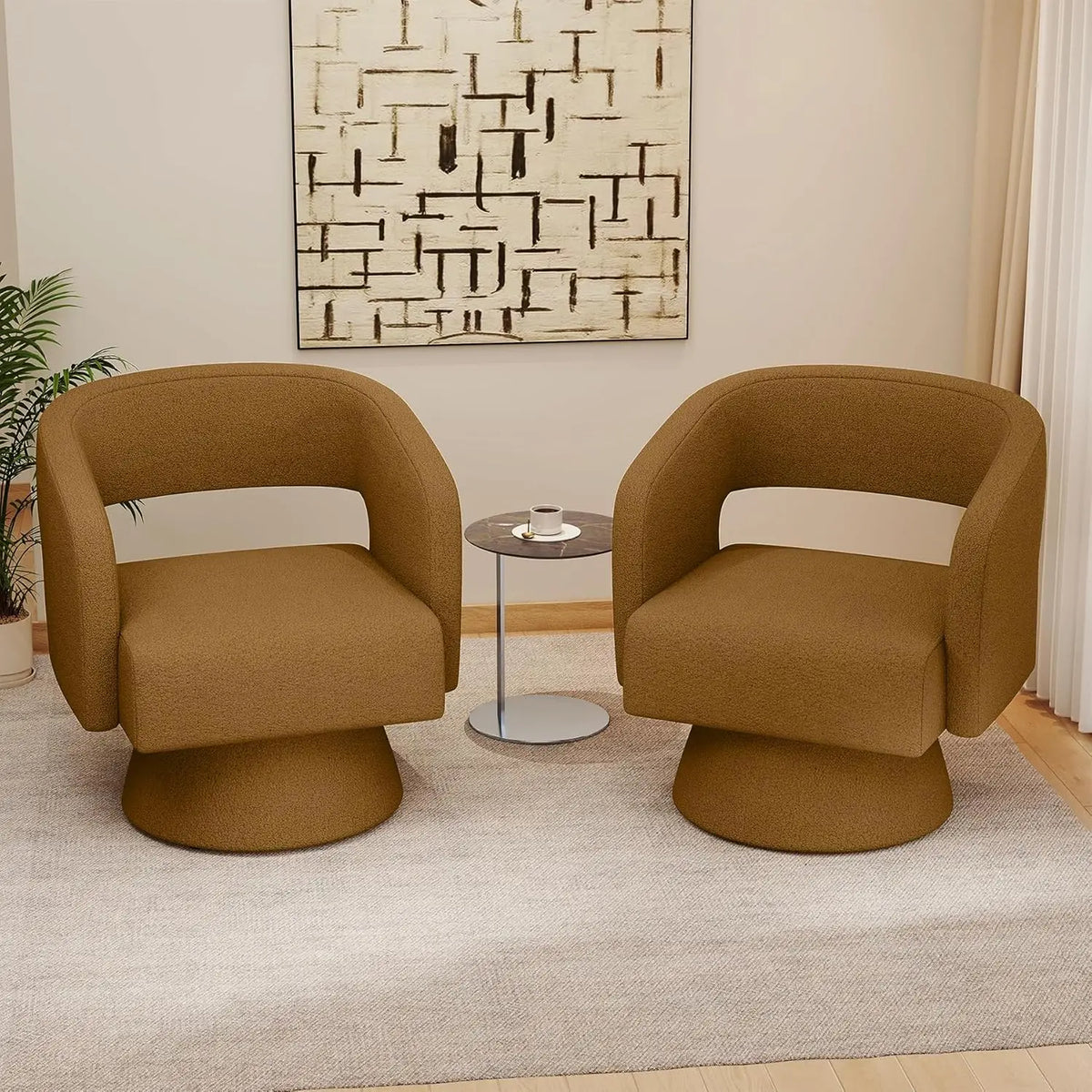 Swivel Accent Chair Set of Two Teddy Fabric Barrel Chairs