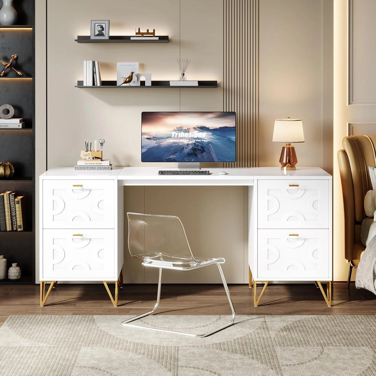 White Luxury Executive Desk 59 with Four File Drawers Modern Gold Trim Elegant Office Table for Home Study