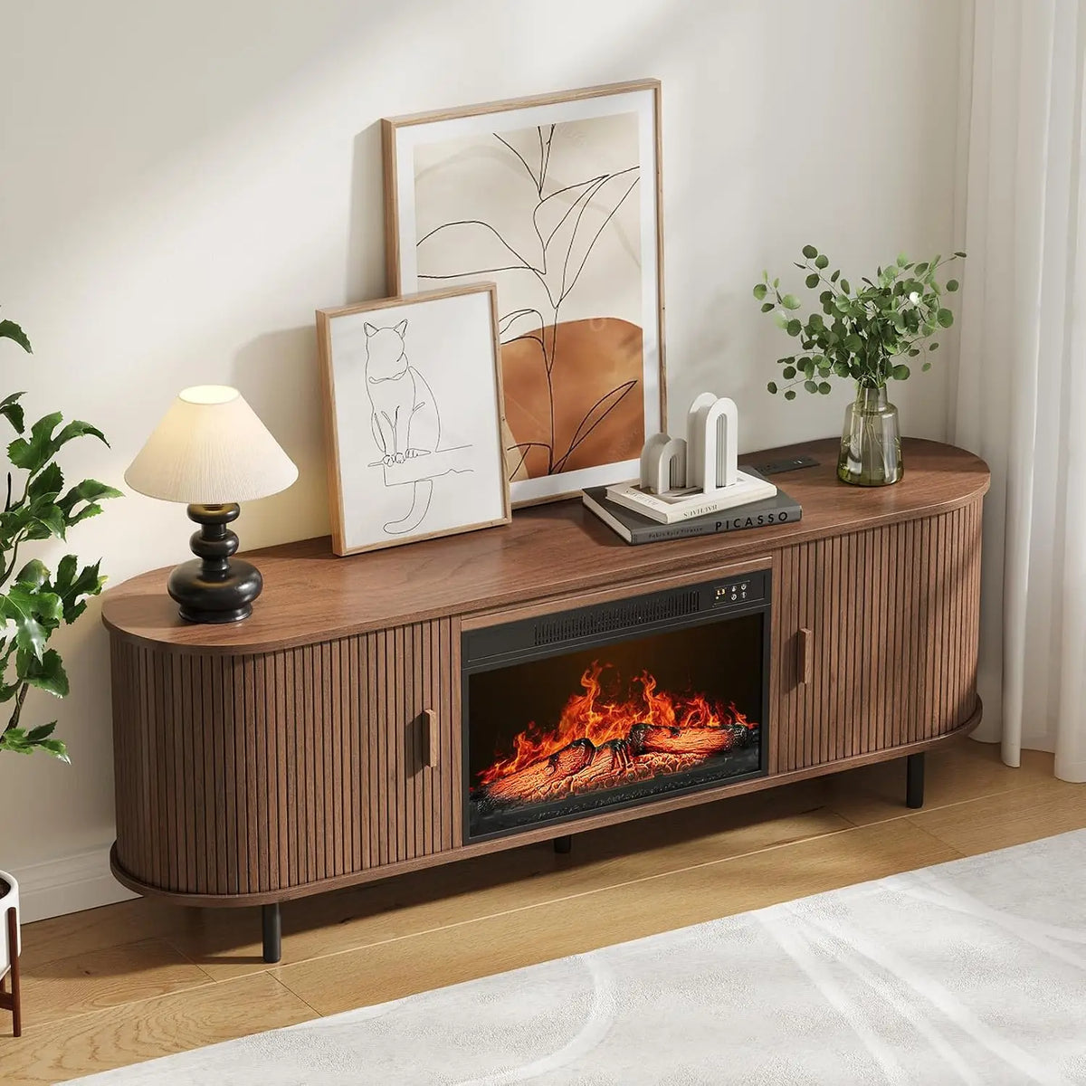 ONBRILL Fluted Electric Fireplace TV Stand With Sliding Doors