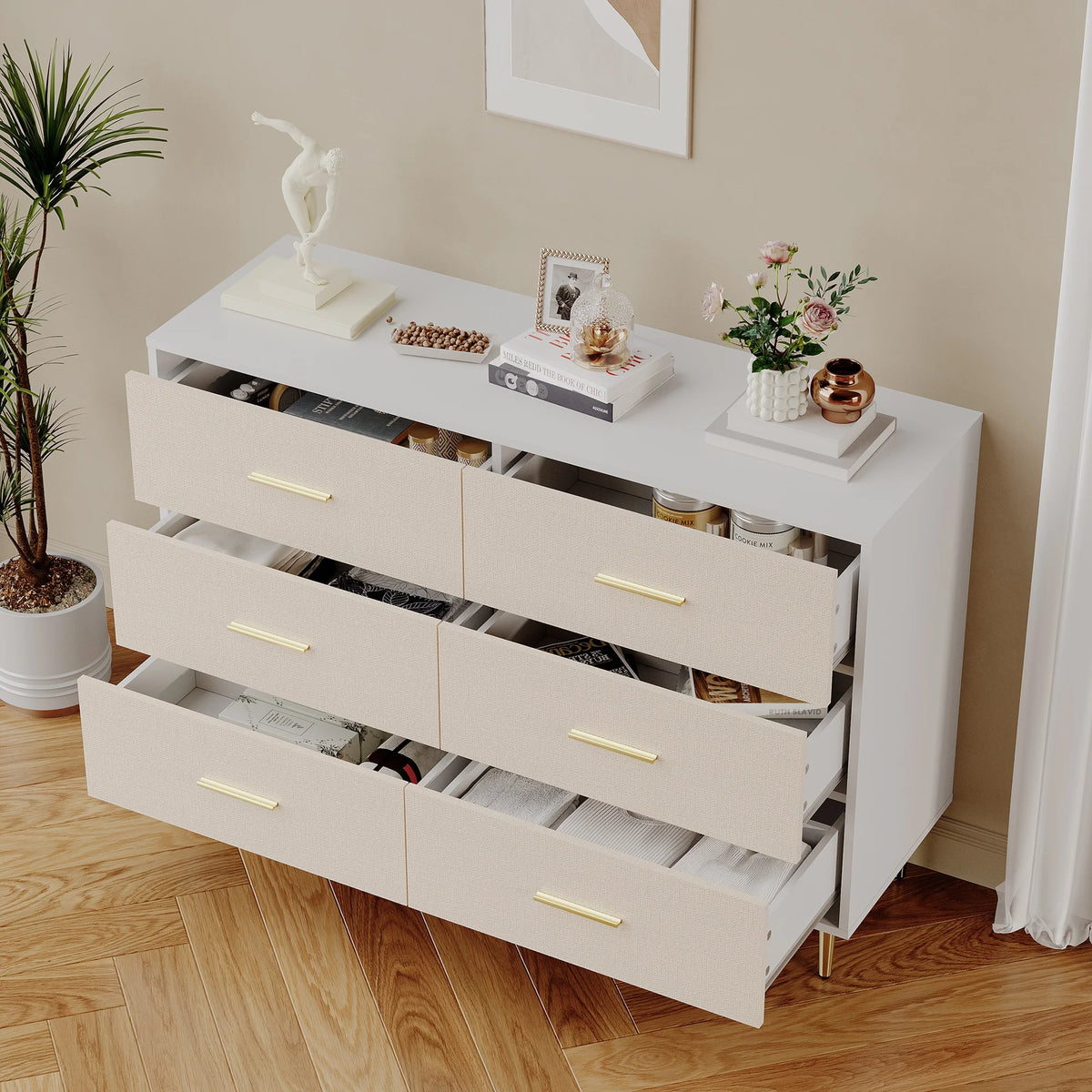 Modern Six Drawer Dresser With Gold Metal Legs and Handles