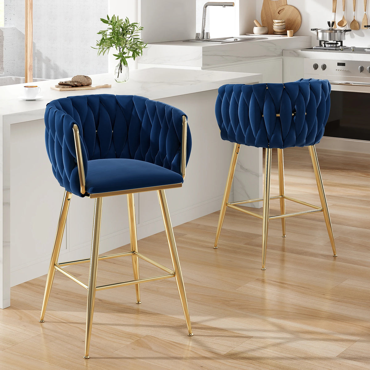 Farini Set of 2 26" Bar Stools, Modern Mid-Century Kitchen Stools with Back, Metal Legs, for Kitchen, Dining Room