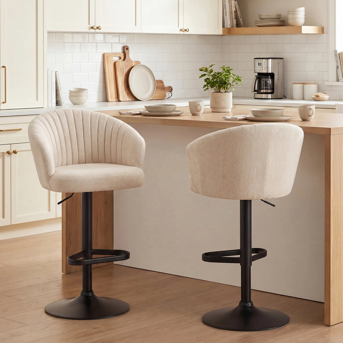 HOMCOM Adjustable Swivel Bar Stools With Linen Upholstery and Footrest