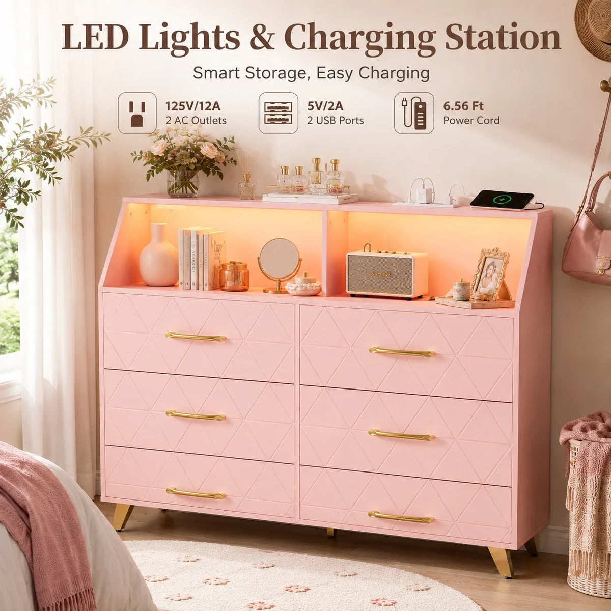 Modern 6 Drawer Dresser with LED Lights Charging Station Pink Wood Storage Cabinet Bedroom Chest of Drawers with Metal Legs Entryway Organizer