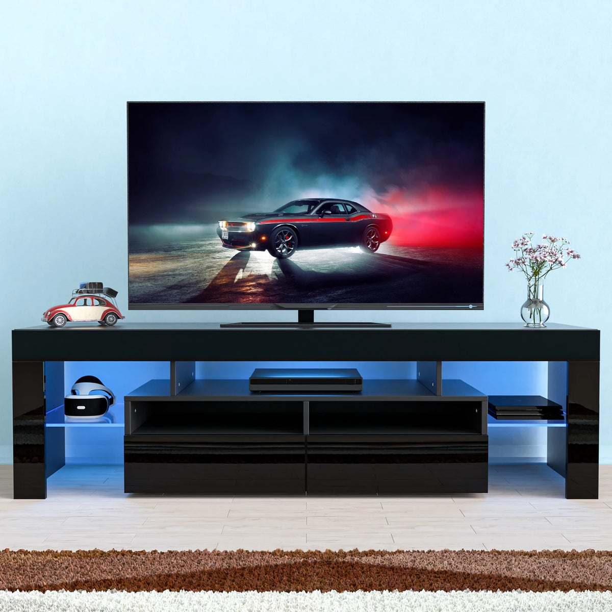 QiaoShiRen 71 Inch Modern Black LED TV Stand With Storage