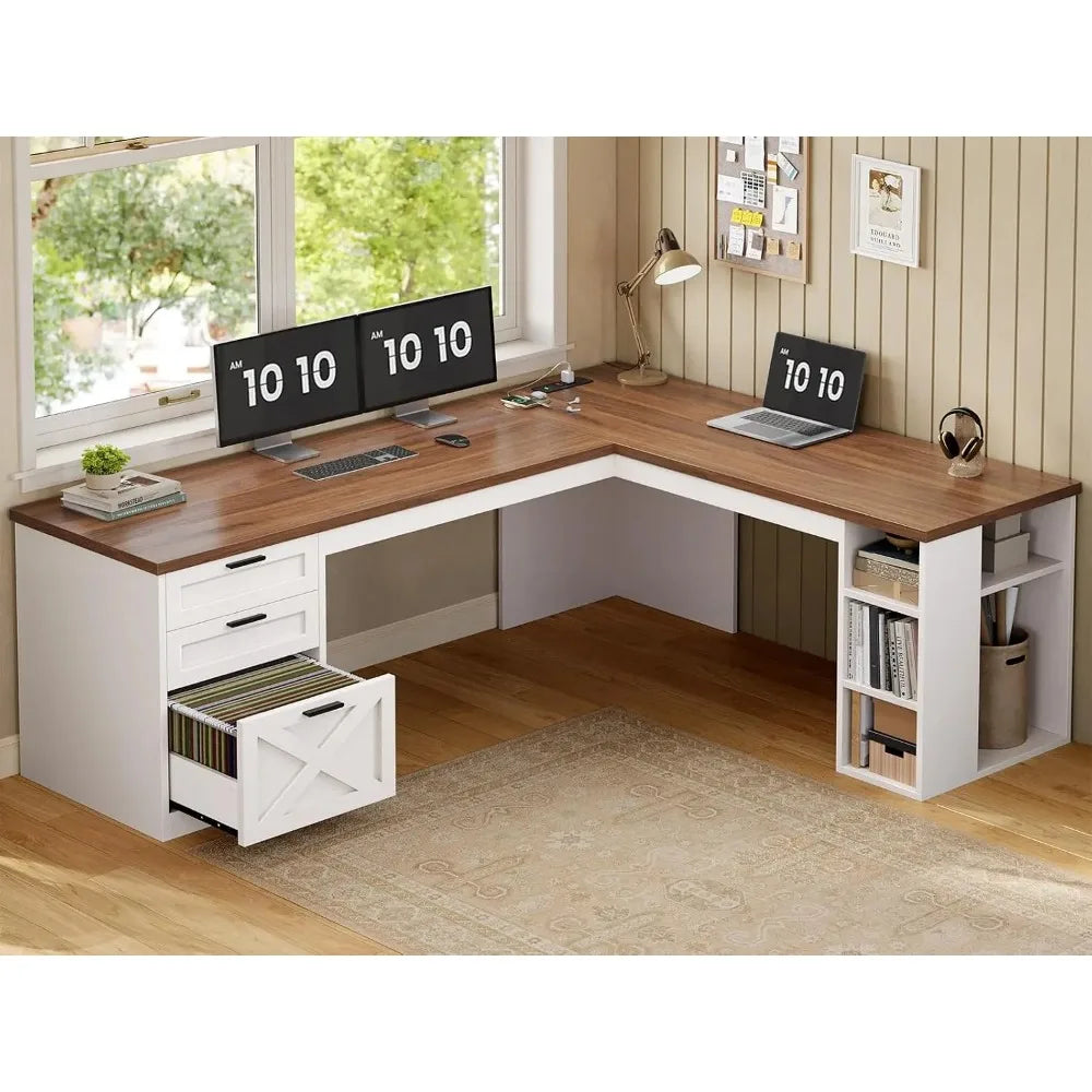 Farmhouse L Shaped Desk With Drawers And Storage Shelves