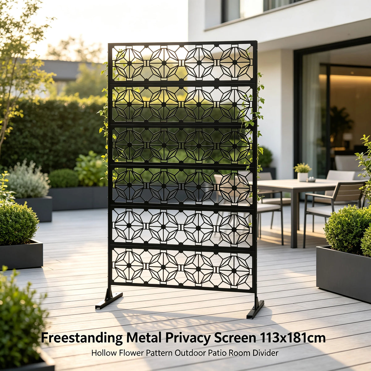 Outdoor Privacy Screen 113x181cm, Freestanding Metal Fence Panel with Flower Hollow Design, Decorative Room Divider for Patio Balcony Garden Deck, Black