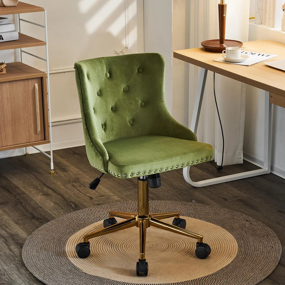 VINGLI Small Cute Green Velvet Office Desk Chair Gold Base Adjustable Swivel Armless Makeup Vanity Chair For Women Girls