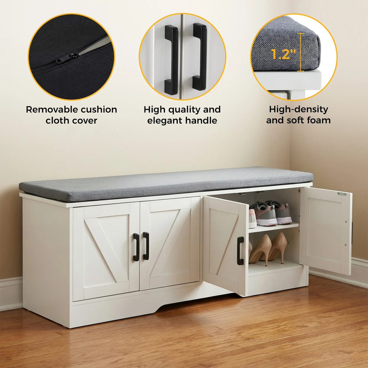 JHK Storage Bench Shoe Organizer Cabinet With 2 Doors Padded Seat Cushion