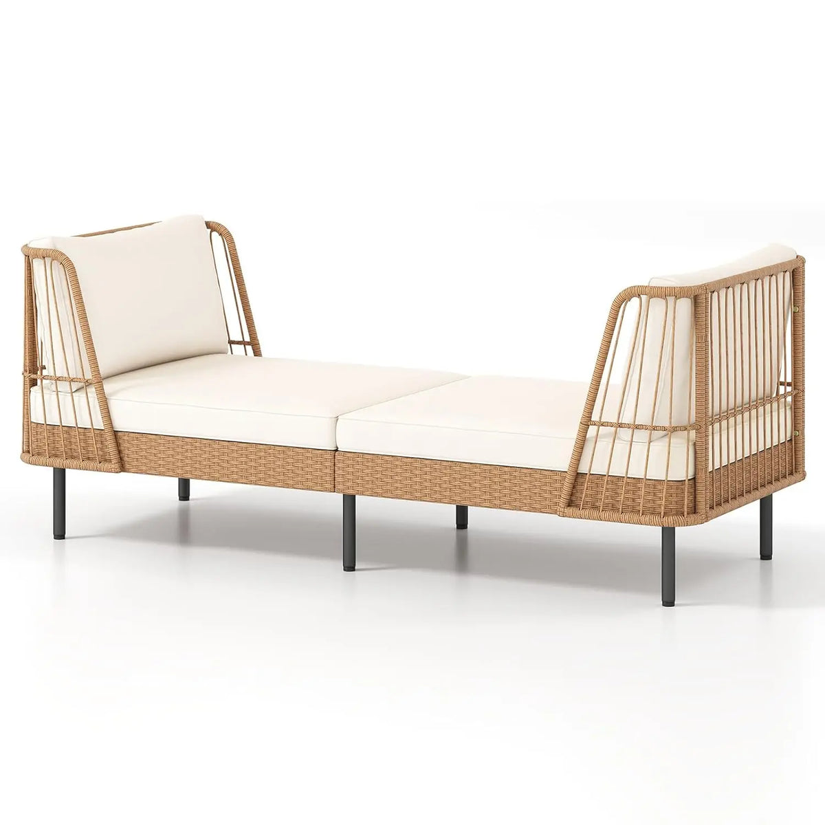 2 Seater Outdoor Rattan Daybed Sofa with Armrests Cushions Pillows Boho Loveseat for Porch Backyard Garden Poolside, Customized