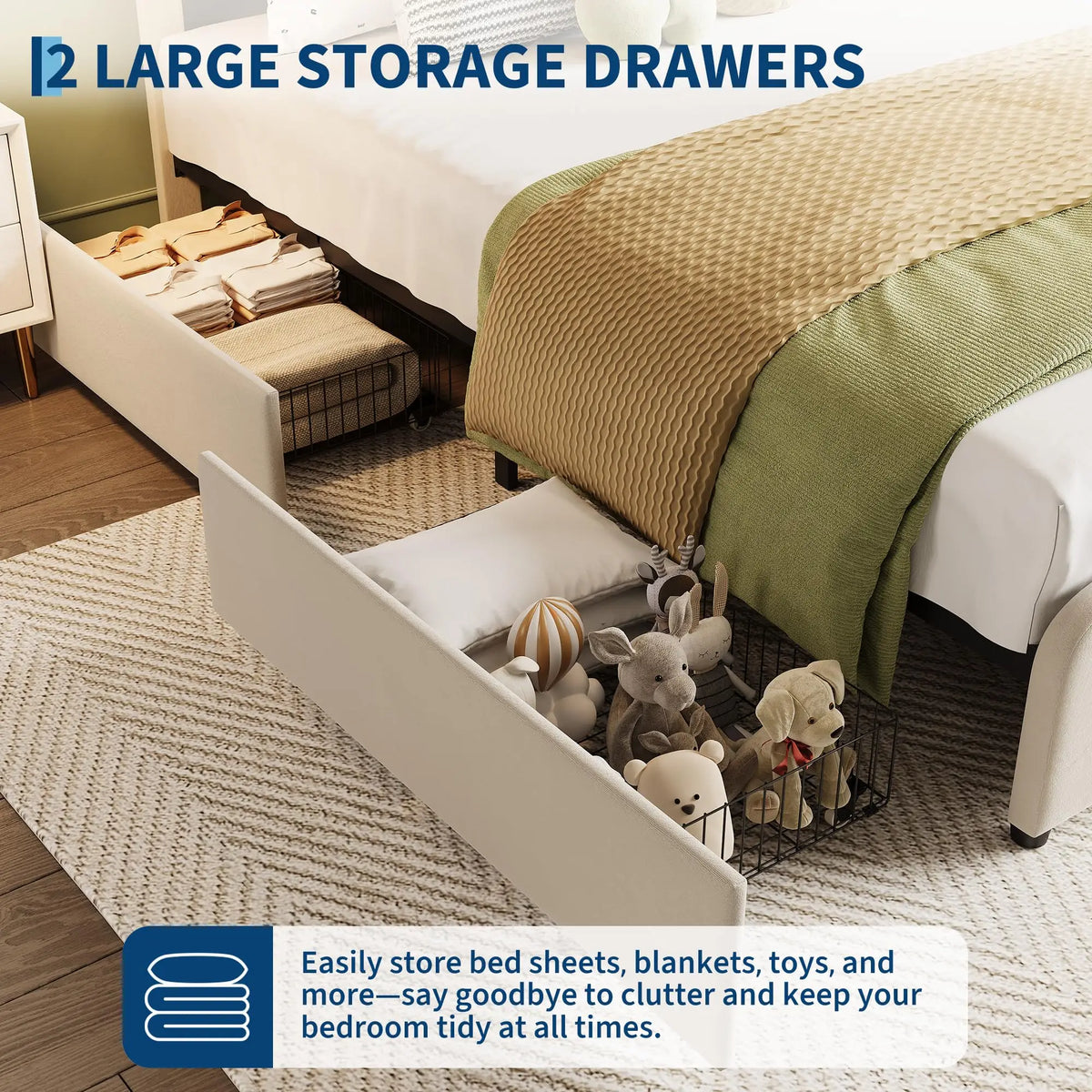 HiMISS Upholstered Platform Bed With Storage Drawers And LED Lighting