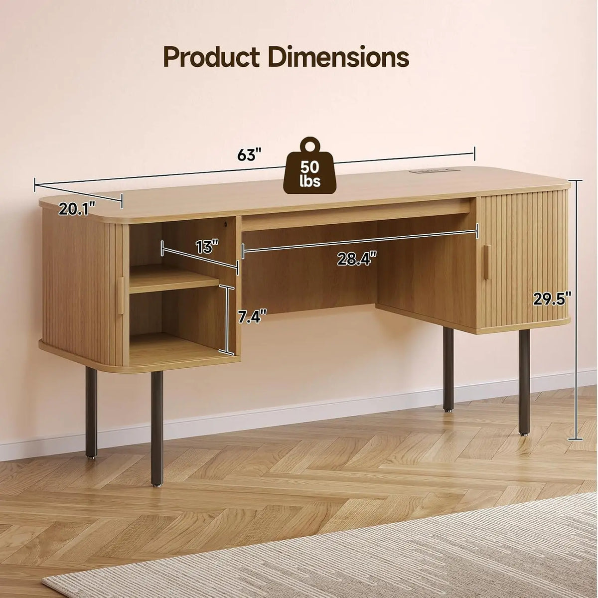 ONBRILL Fluted Computer Desk With Storage Cabinets And Power Outlets