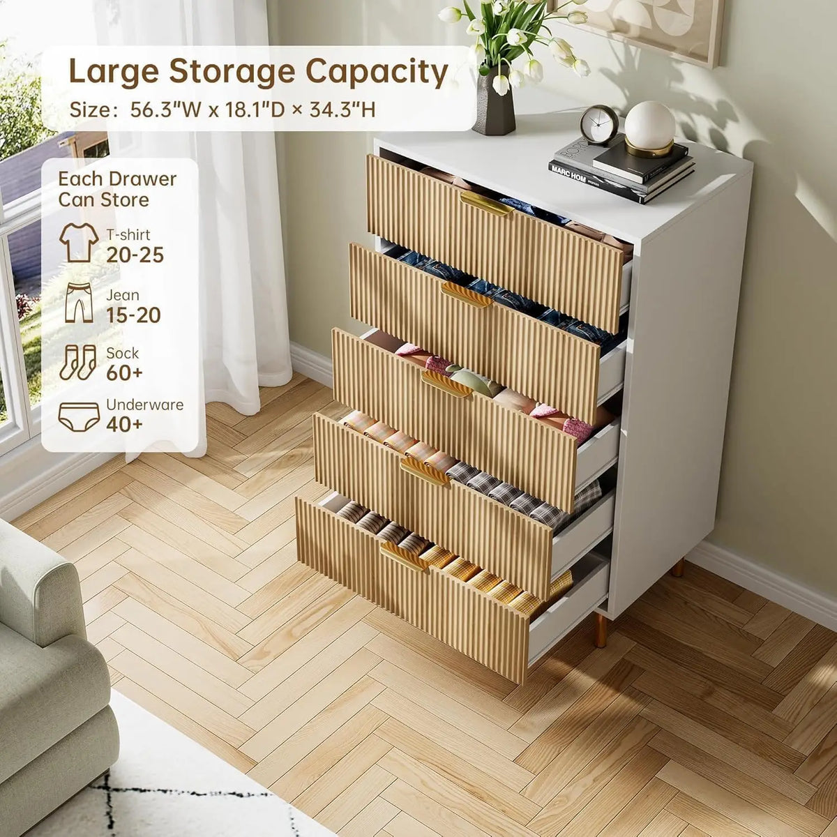 Fluted 5 Drawer Bedroom Dresser 48 Inch Metal Leg Wooden Cabinet | Groove Facade Anti Topple Safe Storage Smooth Drawer Slide Polished Hardware Elevated Base Household Dresser
