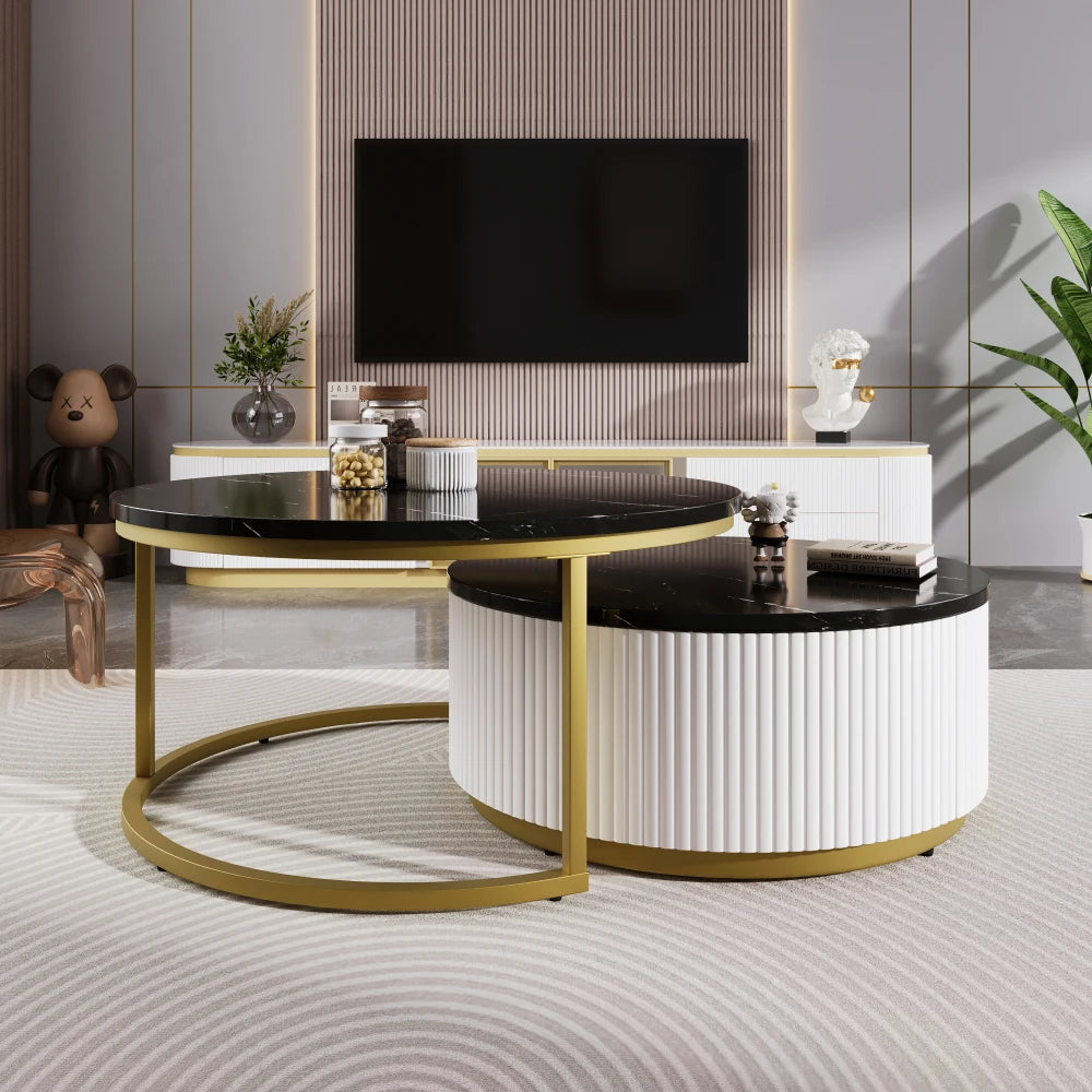 Modern Round Fluted Nesting Coffee Table With Storage Drawer