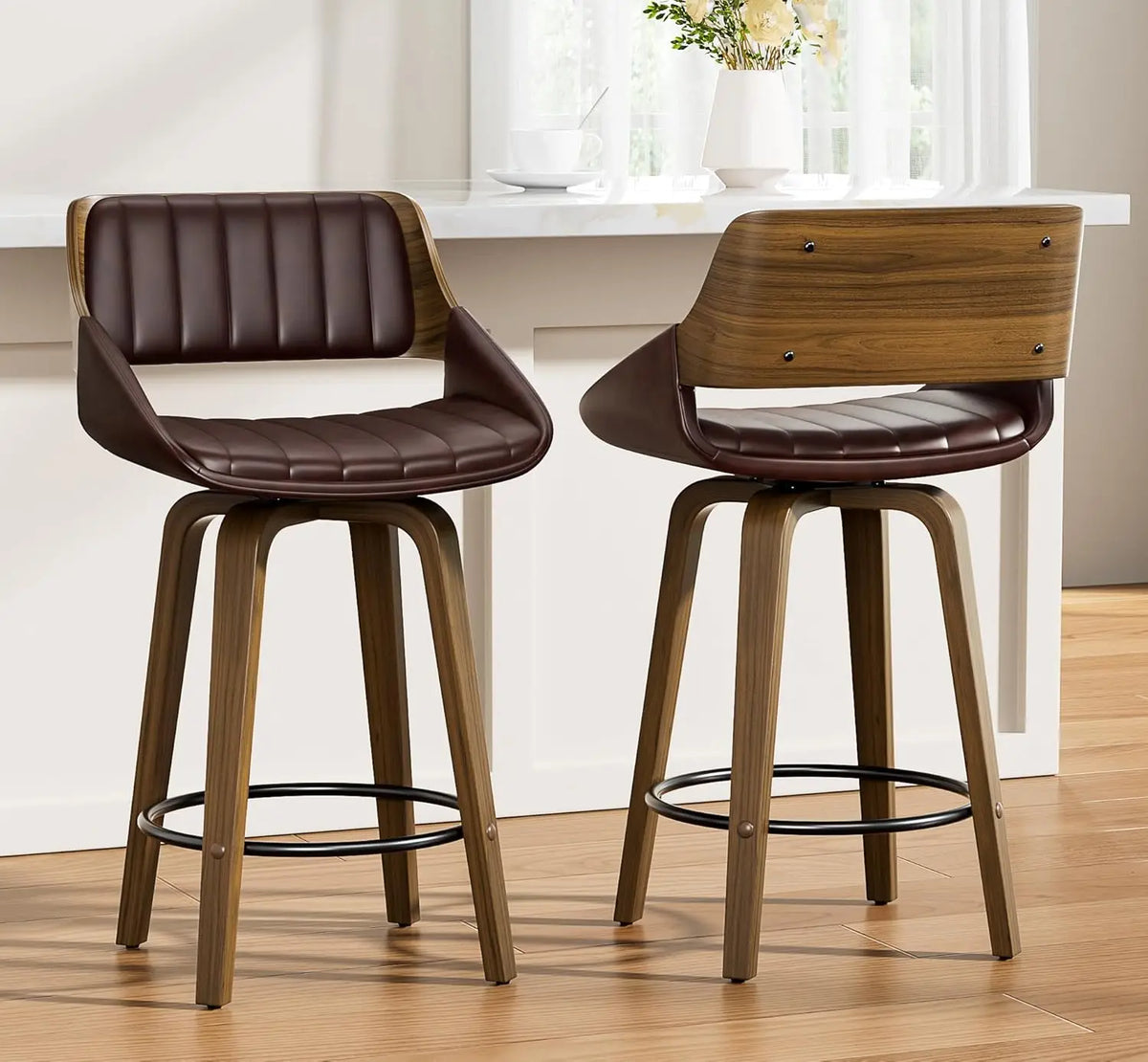 Set of 2 Mid-Century Modern 26 Inch Swivel Bar Stools, Counter Height Stools with Bentwood Back & Legs, Customized