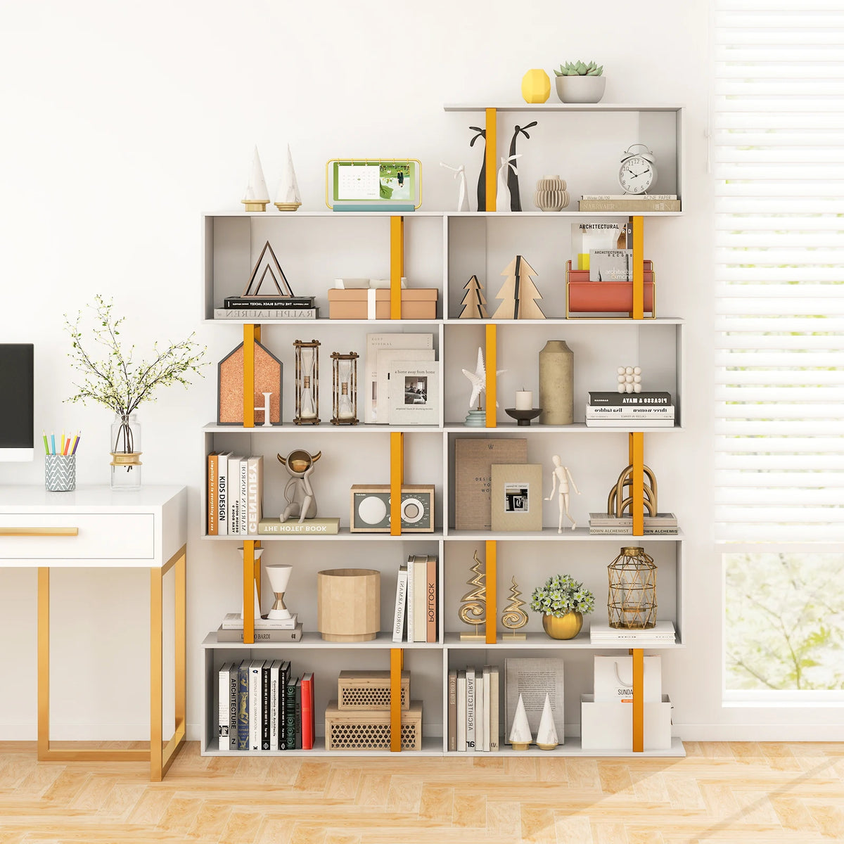 6-Tier Geometric Bookcase 74. 5-Inch S-Shaped Bookshelf with Metal Frame Gold