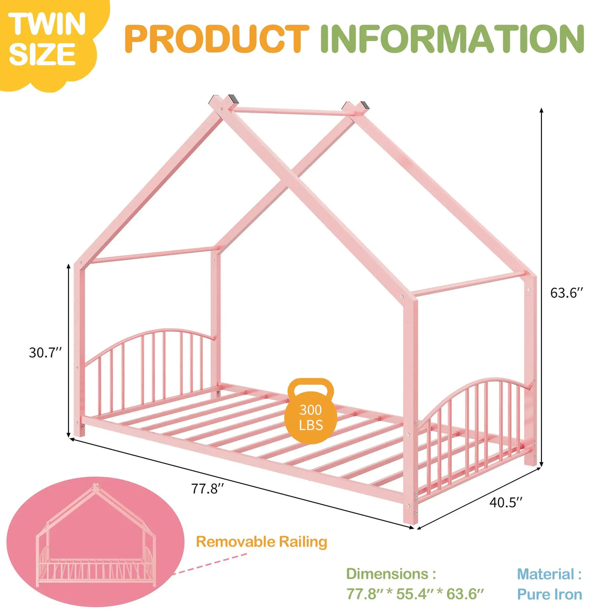 HiMISS Montessori House Bed Frame With Safety Rails For Kids