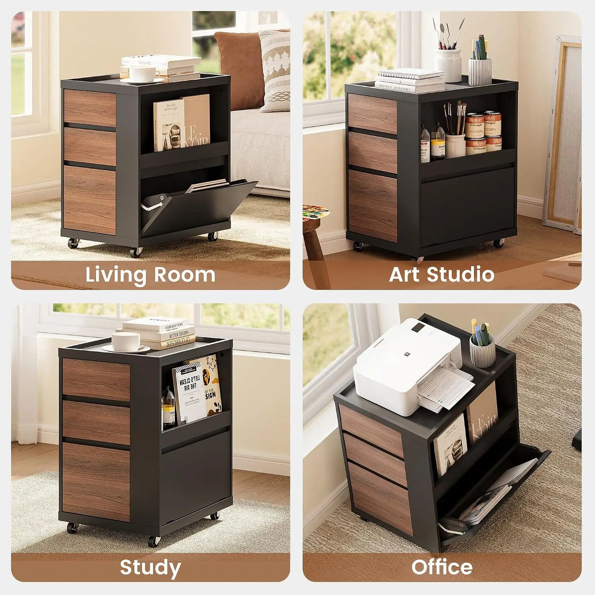 Mobile File Cabinet Under Desk with 3 Drawer, Office Storage Cabinet | Rolling Wood Printer Stand w/ Unique Side Shelf for Binde