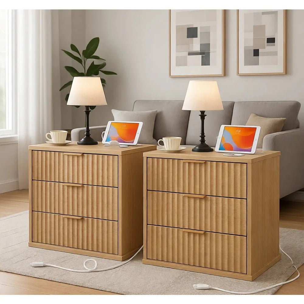 Natural Three Drawer Nightstand With Charging Station And Metal Handle