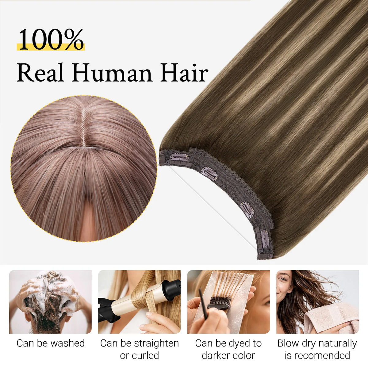 Sunmofavo Wire in Hair Extensions, Real Human Fish Line Hair Strands with 4 Clips,Easy and Quick Application for Starters to Add Hair Volume,  Chocolate Golden Brown Ombre, Free for Dyeing and Heat Styling, Create Perfect Hai