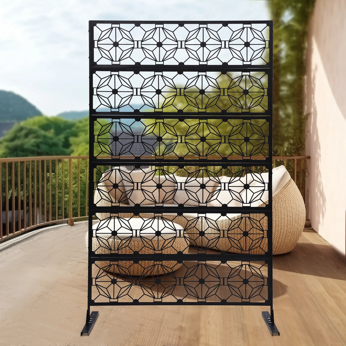 Outdoor Privacy Screen 113x181cm, Freestanding Metal Fence Panel with Flower Hollow Design, Decorative Room Divider for Patio Balcony Garden Deck, Black