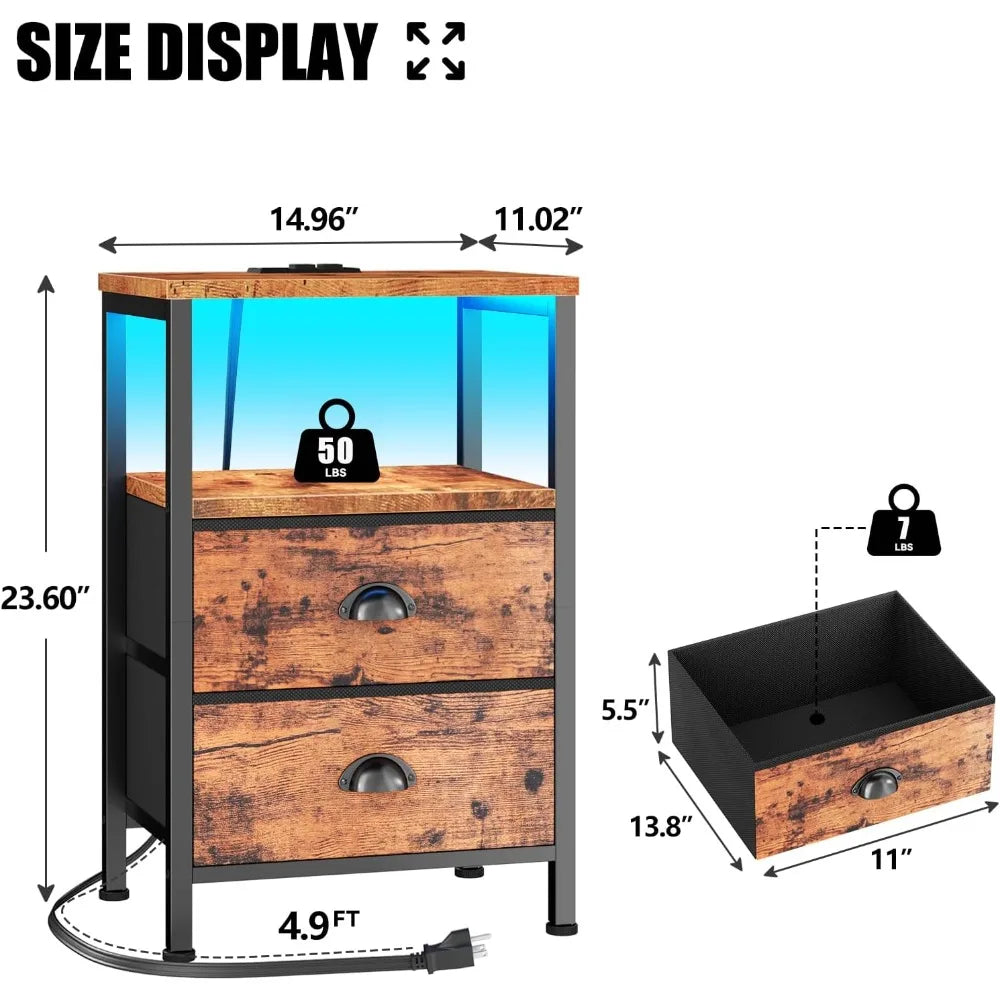 XIUWO Nightstand With USB Ports And Charging Station LED Lights