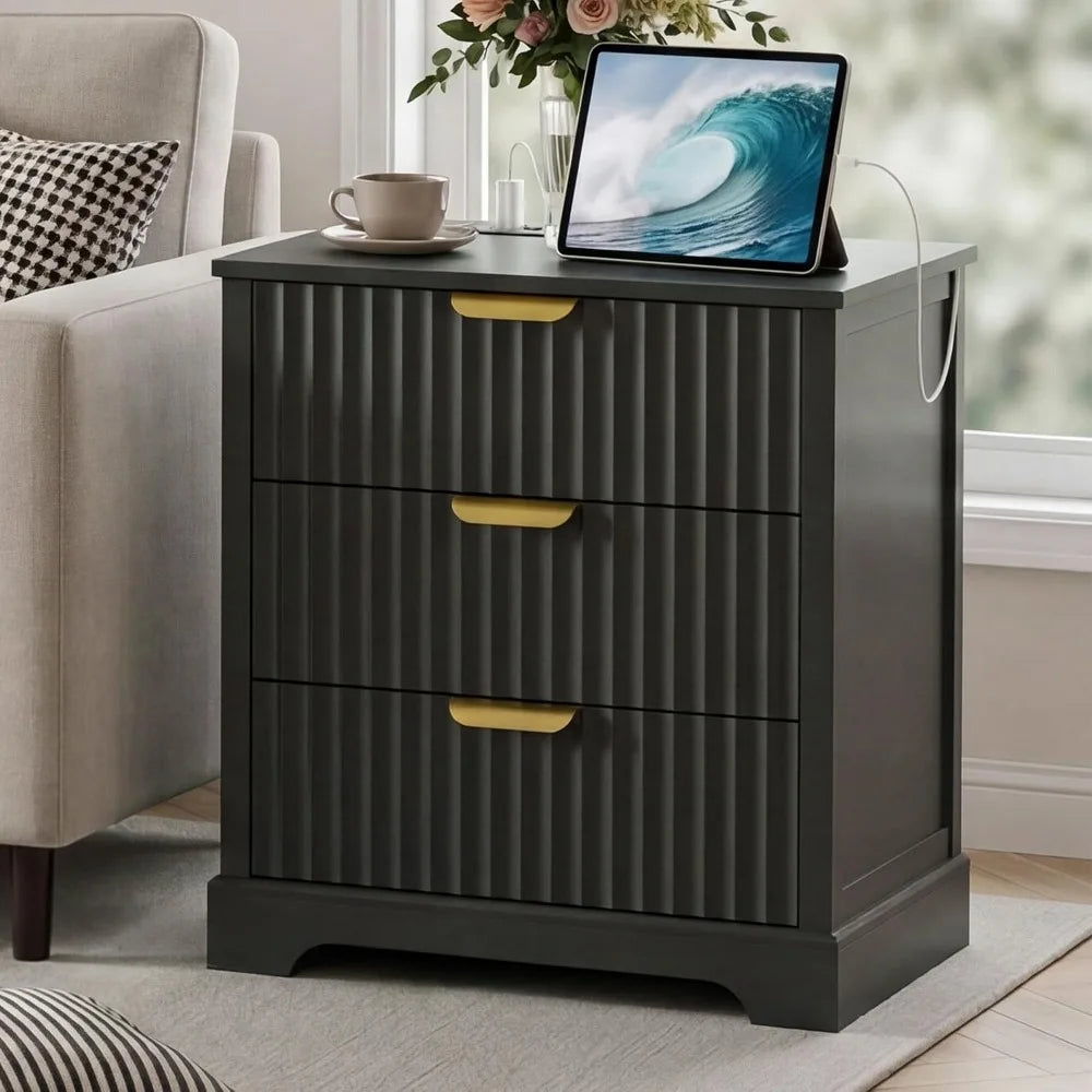 Modern Fluted Nightstands Set Of 2 With 3 Drawers Storage
