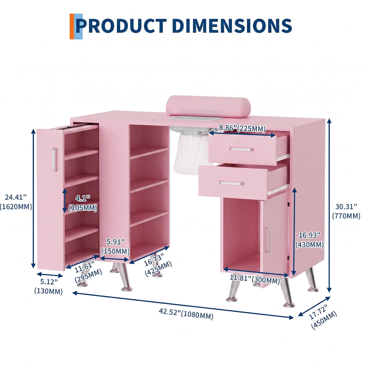 HiMISS Nail Technician Desk With Dust Collector And Storage Furniture
