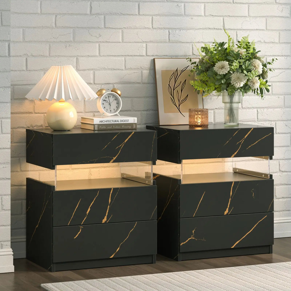 Cubehom Bedside Tables Set With LED Lighting And 3 Drawers