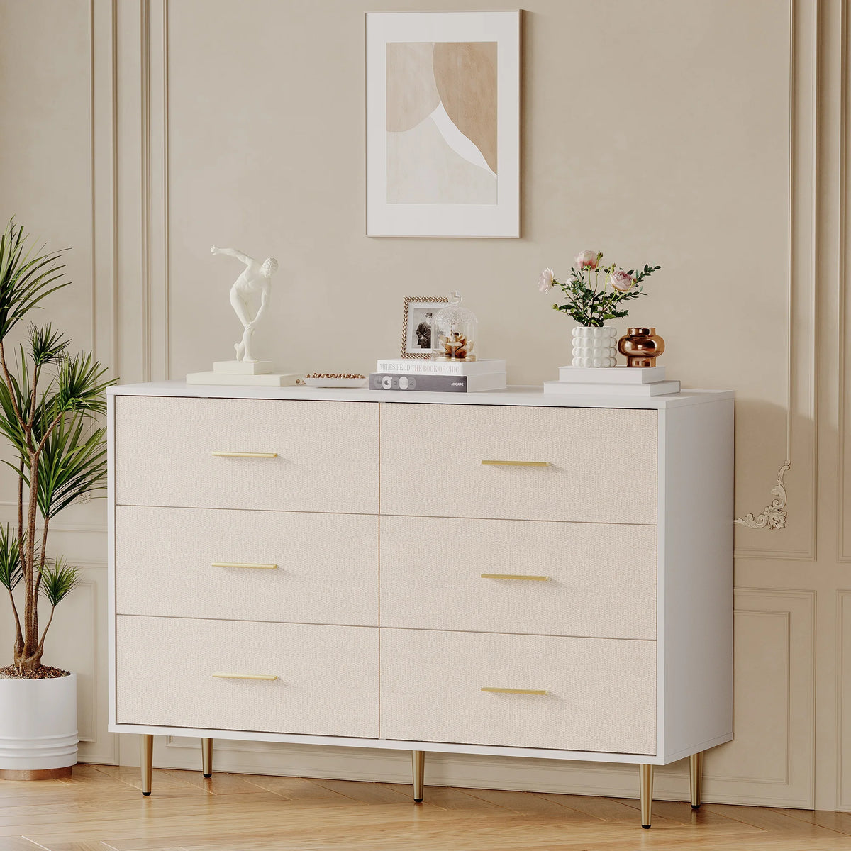 Modern Six Drawer Dresser With Gold Metal Legs and Handles