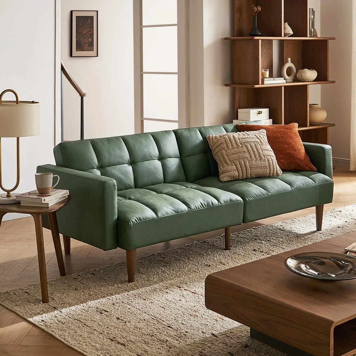 mopio 76.4" Mid Century Futon Sofa Bed PU Leather Loveseat Living Room Pecan Brown
