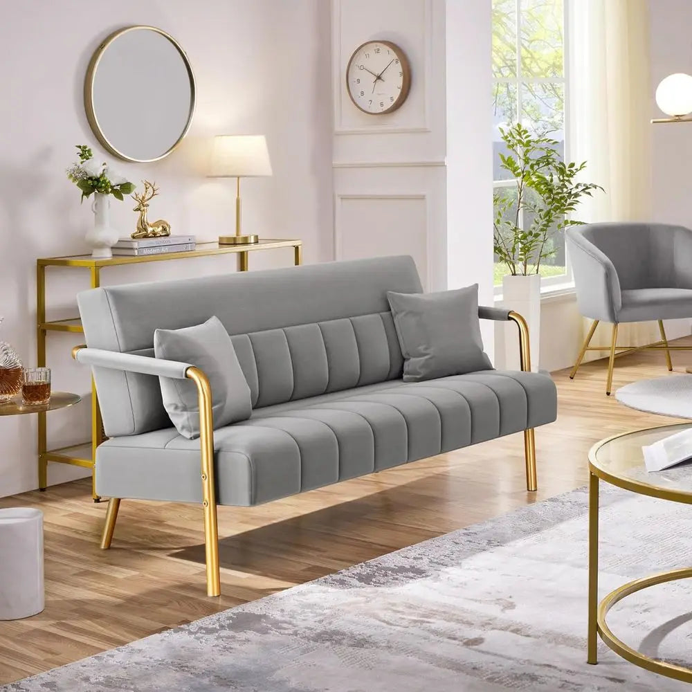 Velvet Loveseat Sofa With Gold Tone Metal Arms And Legs
