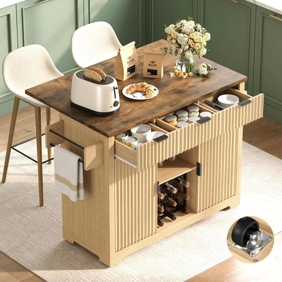 Kitchen Island With Foldable Drop Leaf And Wine Cabinet