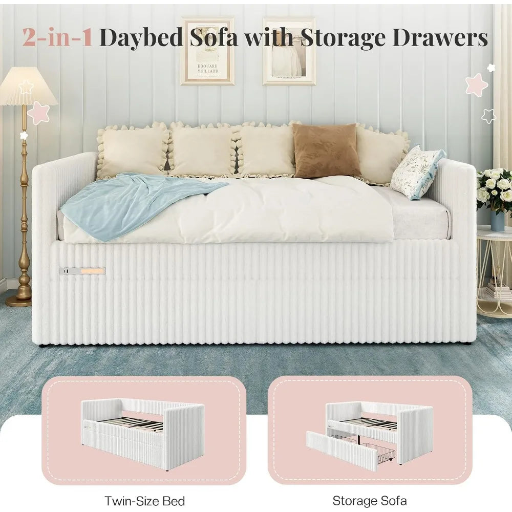 Faux-Fur Daybed With Storage Drawers And Night Light Easy Assembly