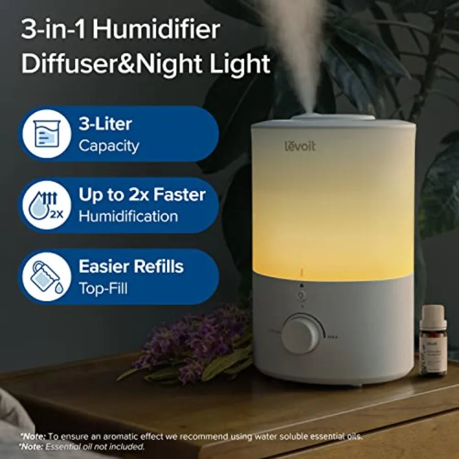 Humidifiers for Bedroom with Night Light 3L Water Tank Cool Mist Top Fill Essential Oil Diffuser for Baby Nursery and Plants, 3