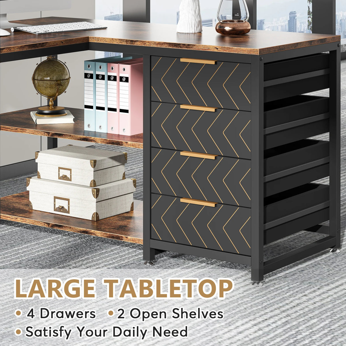 Tribesigns L Shaped Computer Desk With Drawers And Storage Shelves