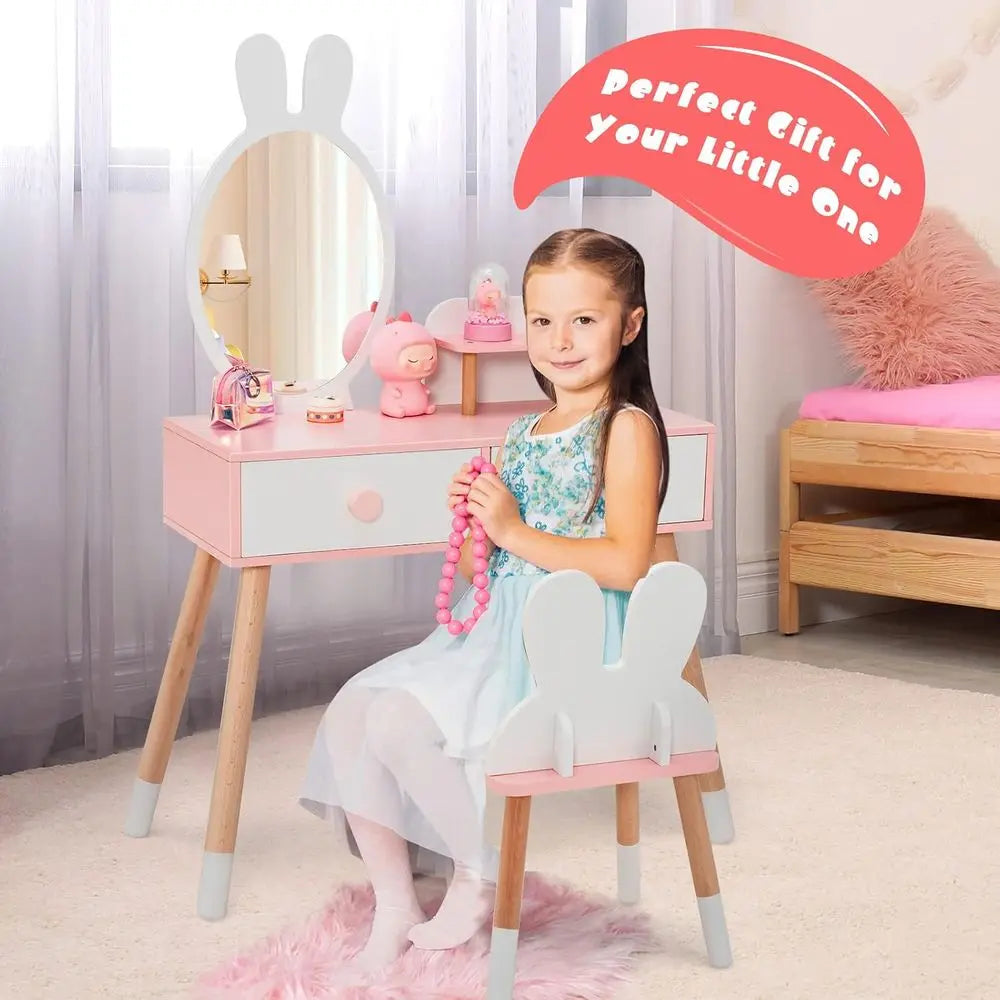 KOTEK Kids Vanity Set with Mirror, Wooden PrincMakeup Dring Table with Stool, 2 Storage Ders & Display Shel, Kids Vanity Table a