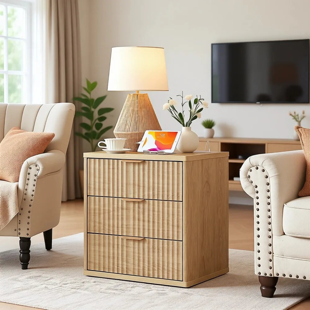Natural Three Drawer Nightstand With Charging Station And Metal Handle