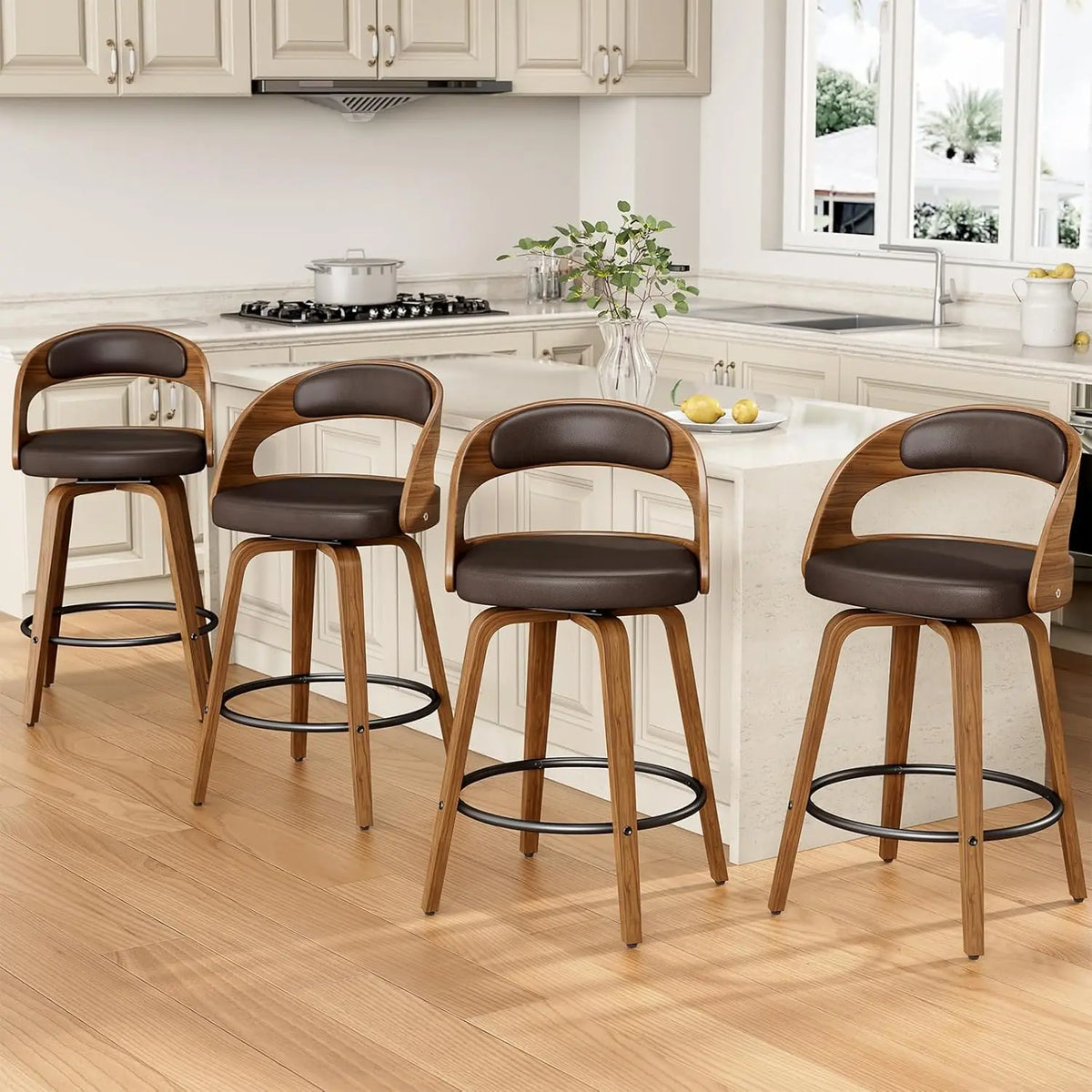 26in Bentwood Counter Stools Set 3 PU Leather Swivel Bar Chair with Back Footrest Kitchen Cafe Dining, Custom