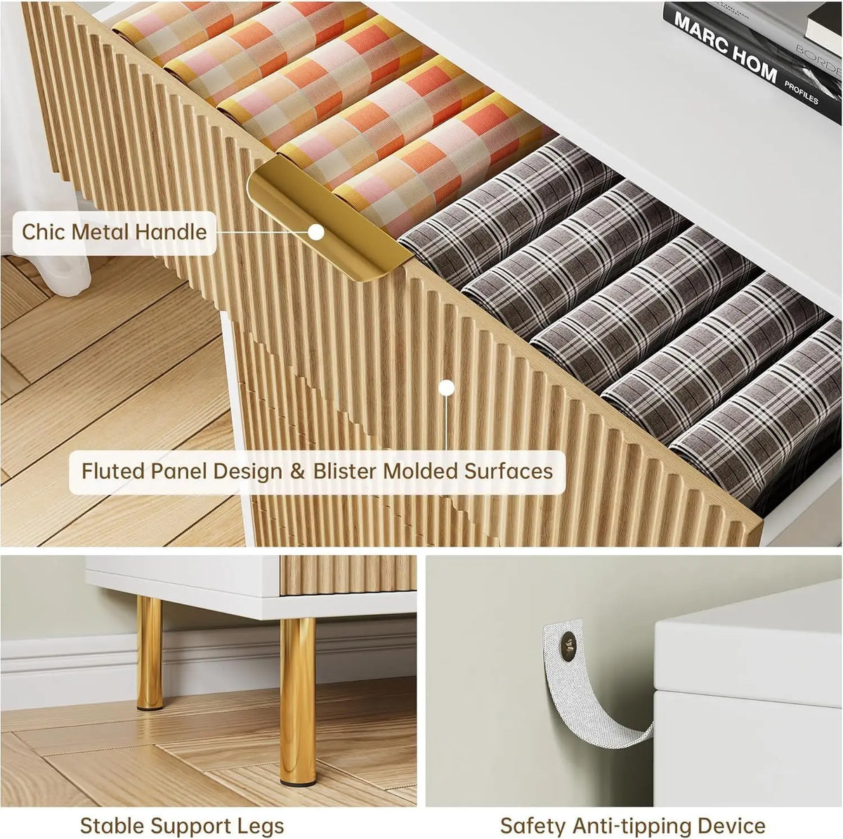 Fluted 5 Drawer Bedroom Dresser 48 Inch Metal Leg Wooden Cabinet | Groove Facade Anti Topple Safe Storage Smooth Drawer Slide Polished Hardware Elevated Base Household Dresser