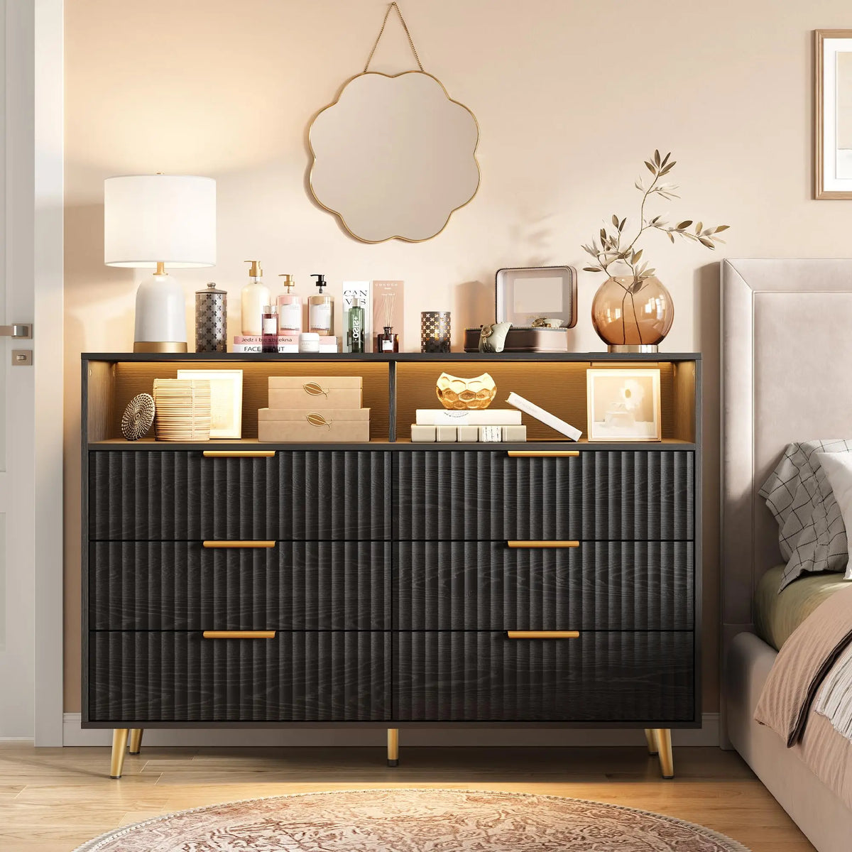 GAOMON Fluted Dresser With LED Lights Charging Station And Storage