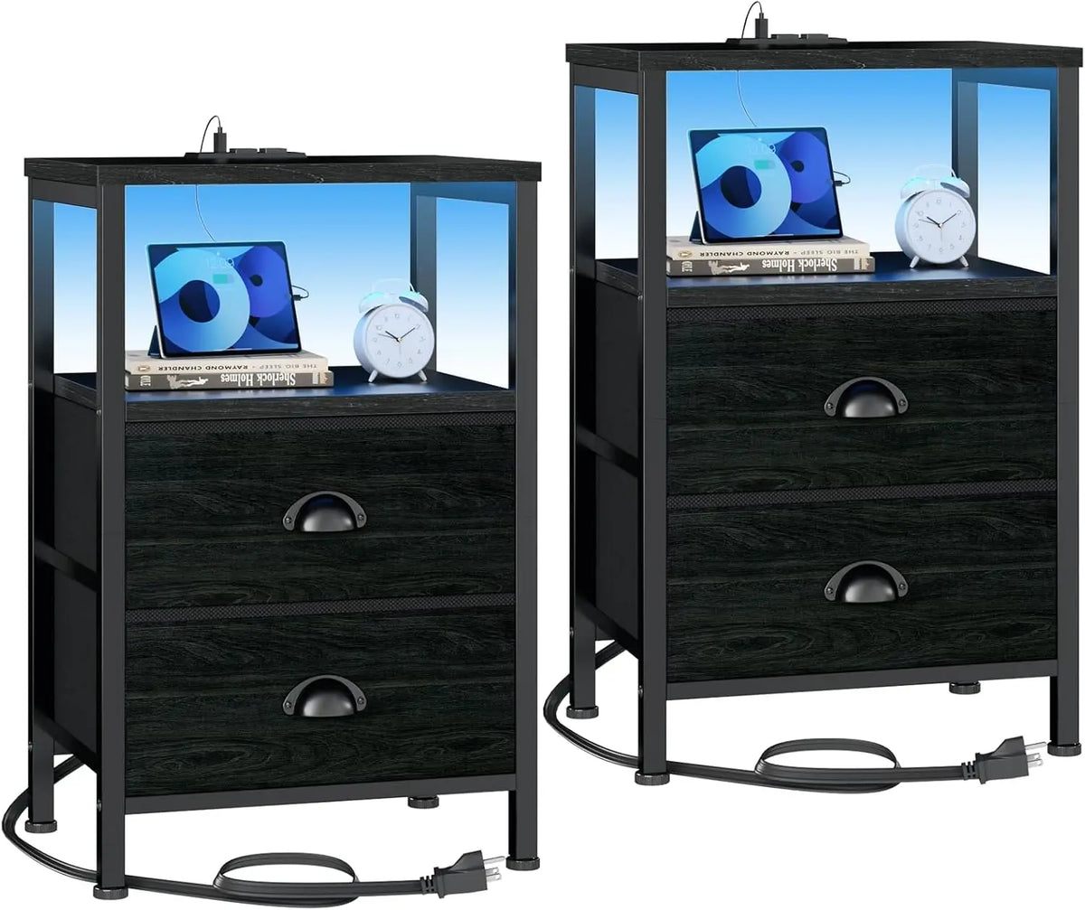 XIUWO Nightstand With USB Ports And Charging Station LED Lights