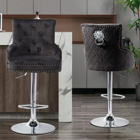 Luxury Velvet Swivel Bar Stools with Lion Knocker Upholstered Bar Dining Chairs for Home Bar Table